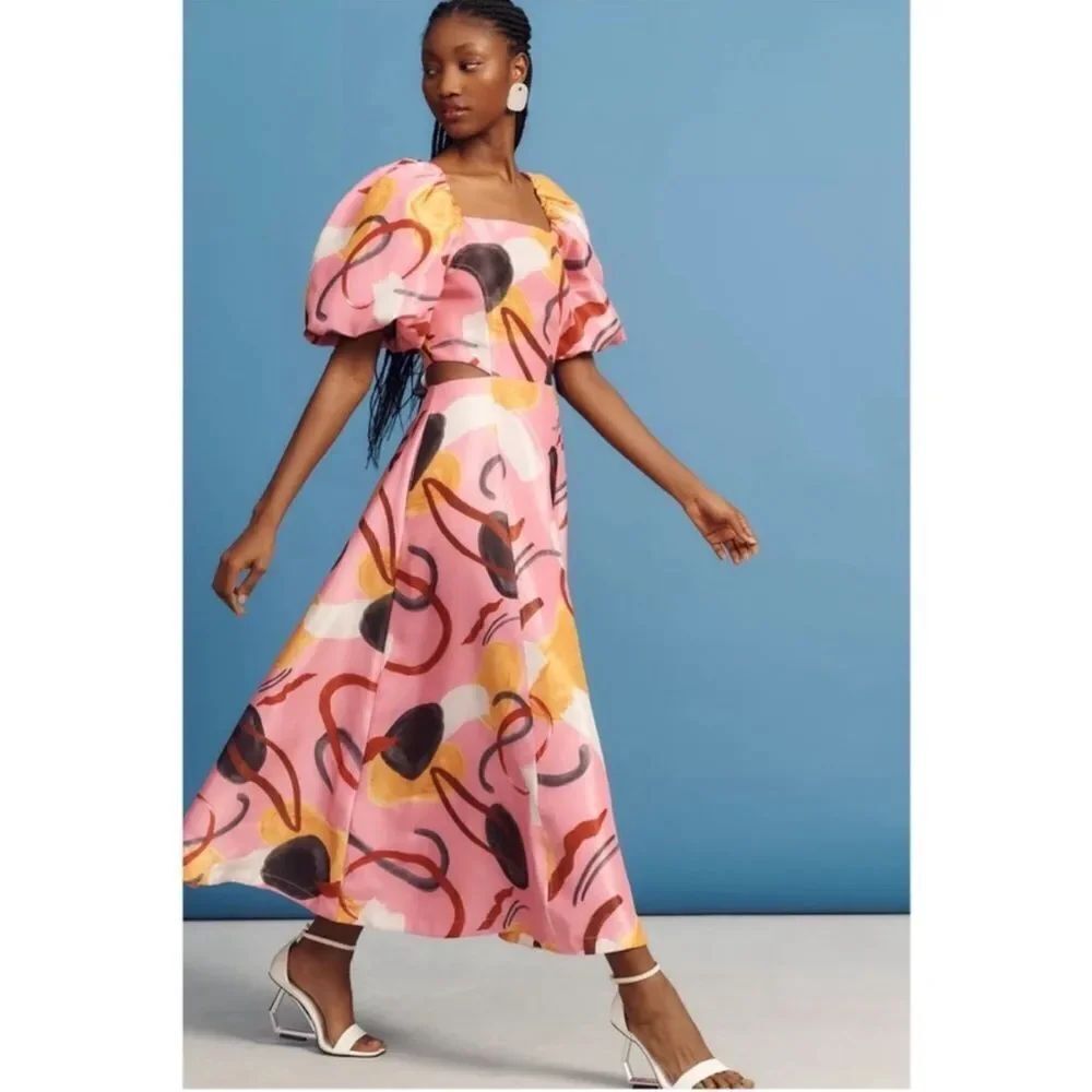 ANTHROPOLOGIE Aureta Studio Printed Puff Sleeve Cutout Maxi Dress-QQ16